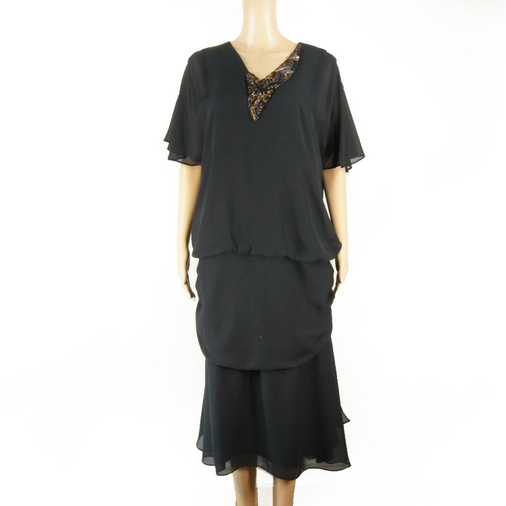 Vintage 80s Beaded Embroidered Collar Detail Layer Ruffle Black Dress